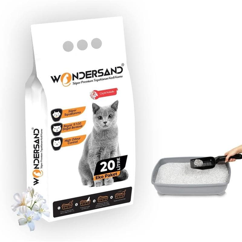 Wondersand 20 lt Beyaz Bentonit İnce Taneli Çiçek Kokulu Kedi Kumu